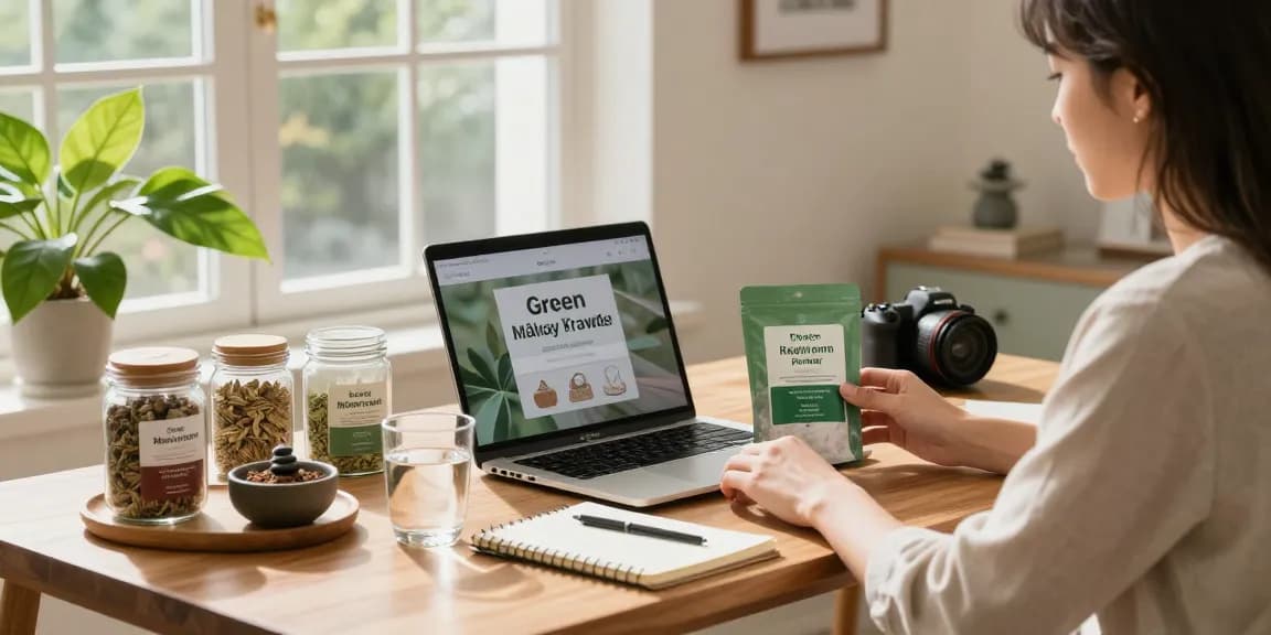 Explore benefits of Green Malay Kratom powder in a peaceful wellness workspace, inviting atmosphere.