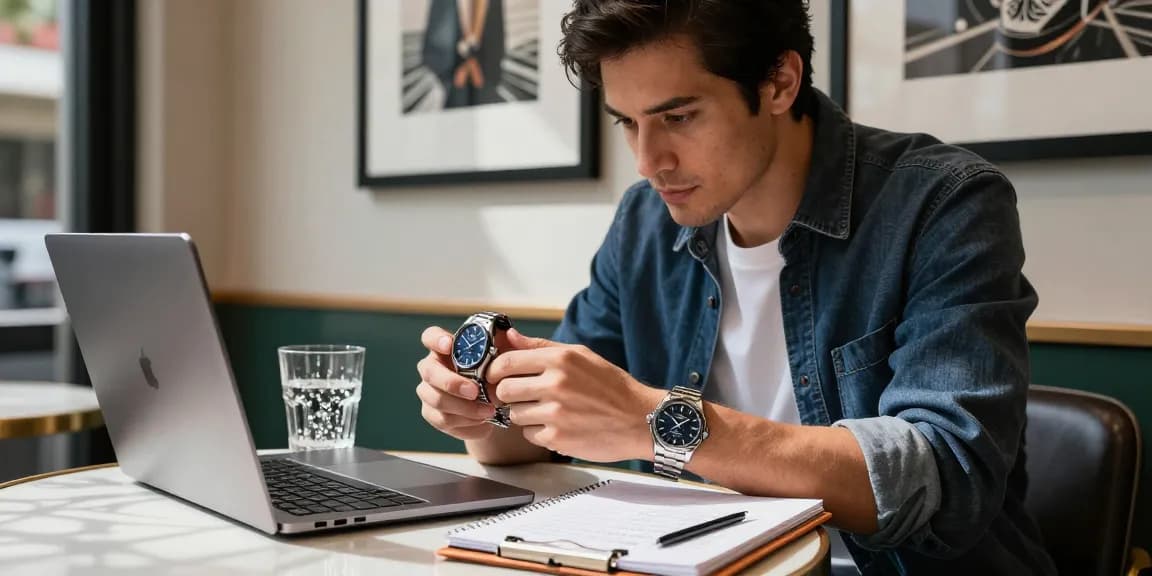 Close-up of a luxury clone watch on a café table, highlighting elegance and sophistication.