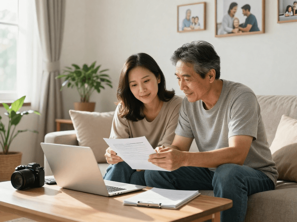 Couple discussing debt options on a laptop with financial documents in a cozy living room.