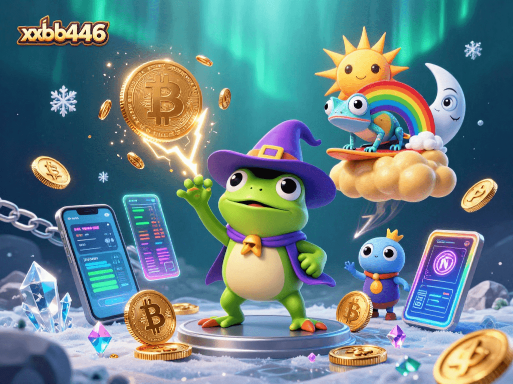 Spin the reels at xxbb446, featuring a whimsical cartoon wizard frog and colorful gaming elements galore!