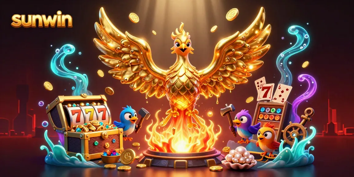 Play thrilling slots with sunwin in this vibrant 3D casino illustration featuring a golden phoenix.
