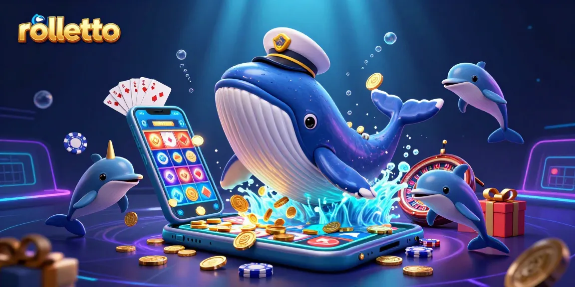 Experience rolletto's gaming excitement with a 3D whale breaching coins and poker chips in an underwater scene.