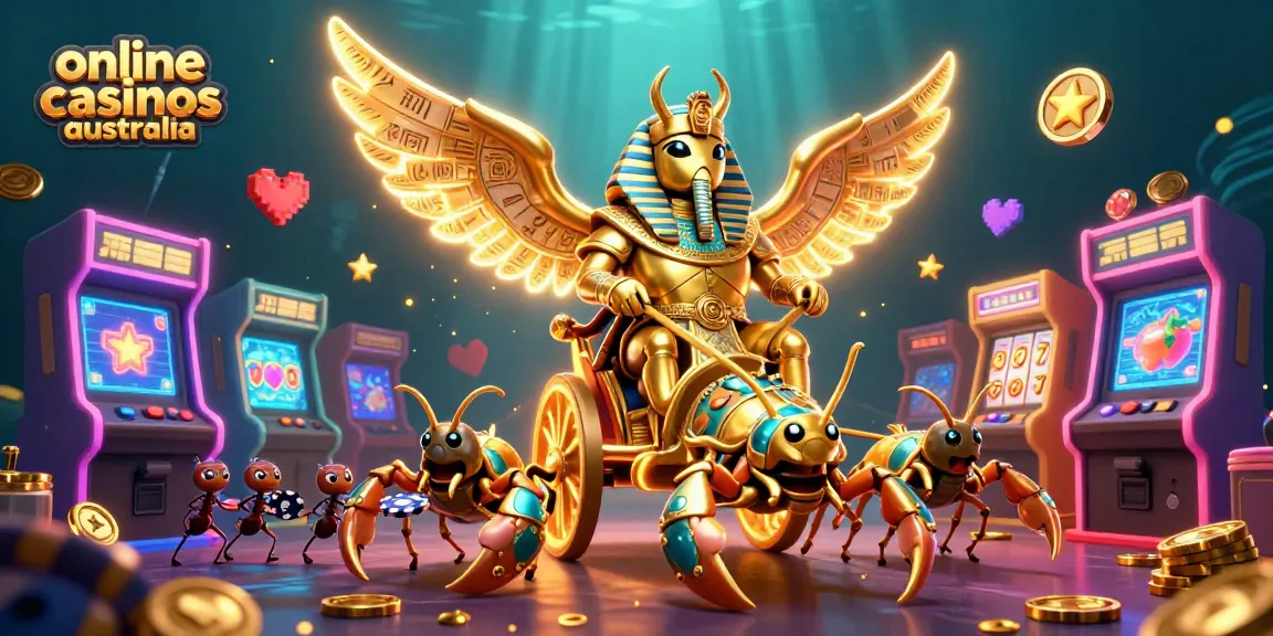 Engage with online casinos Australia in a vibrant 3D scene with golden scarab beetle and poker elements.