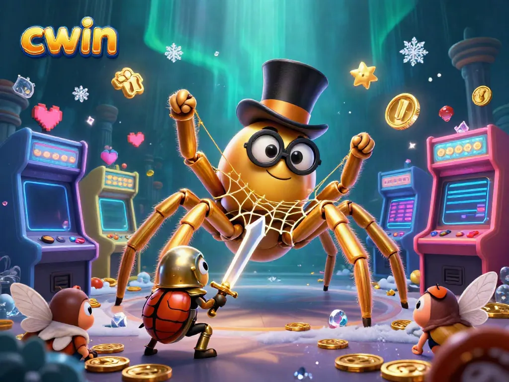 Experience the excitement of CWIN as the golden tarantula weaves a web of luck amidst vibrant casino elements.