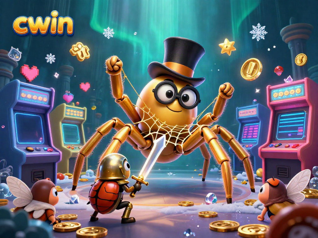 Experience the excitement of CWIN as the golden tarantula weaves a web of luck amidst vibrant casino elements.