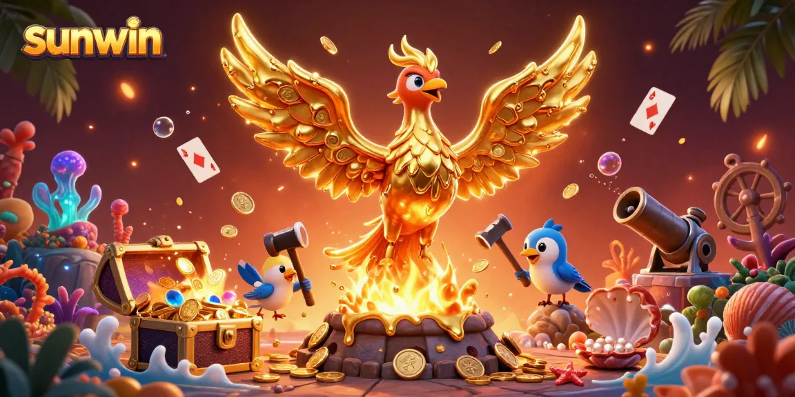 Sunwin players engaging with golden phoenix and casino treasures in a vibrant 3D illustration.