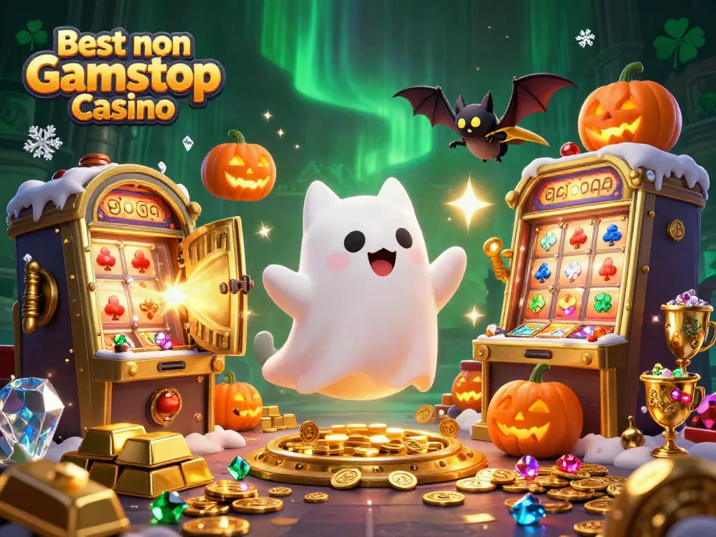 Experience excitement at the Best non Gamstop Casino, with a vibrant haunted mansion scene featuring a friendly ghost cat and vampire bat.