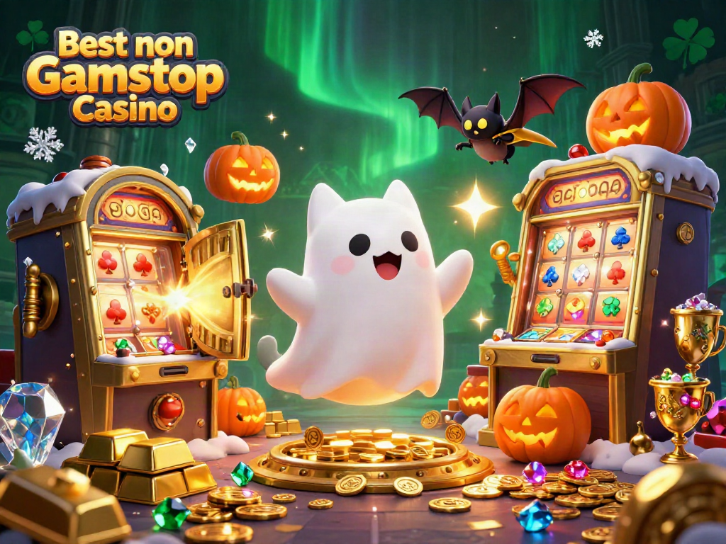 Experience excitement at the Best non Gamstop Casino, with a vibrant haunted mansion scene featuring a friendly ghost cat and vampire bat.