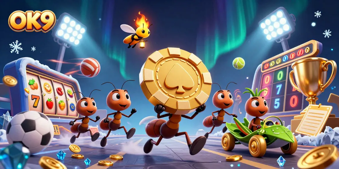 Experience the dynamic action at OK9 with a team of ants stealing a giant poker chip in this lively casino scene.