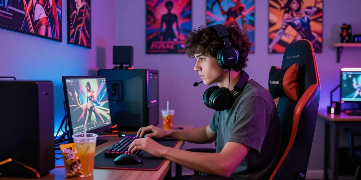 Engaged player enjoying a hentai game in a vibrant gaming setup.