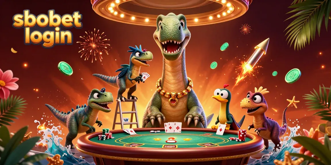 Engage in sbobet login at a vibrant casino scene with a dinosaur dealer and dynamic poker table activities.