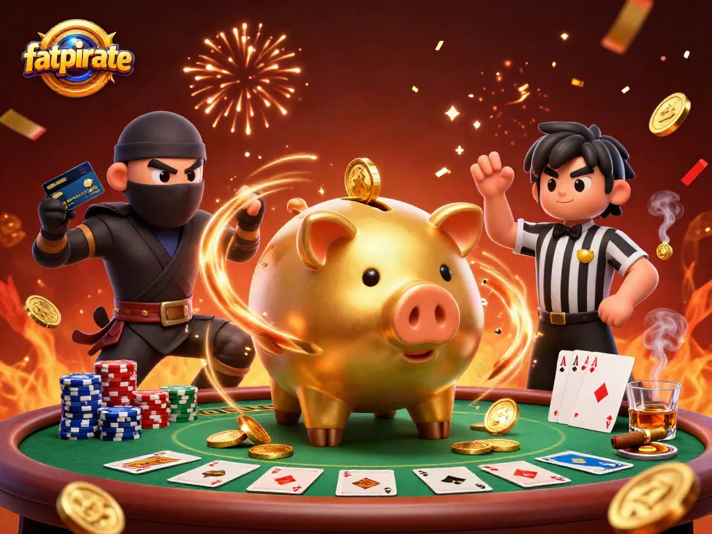 Engage in thrilling gameplay at fatpirate with a golden piggy bank sumo wrestler surrounded by poker elements.
