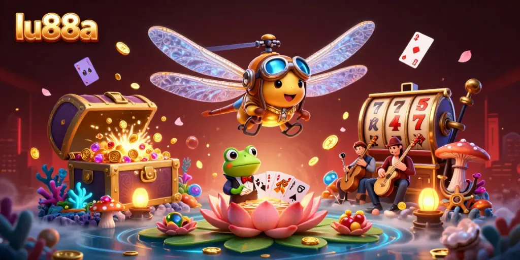 Experience thrilling games with lu88a at a vibrant lily pad casino featuring a frog croupier.