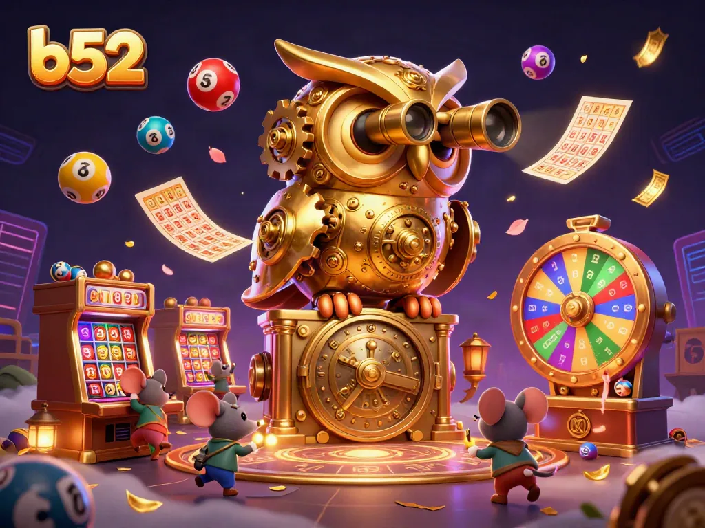 Engage with b52-themed slots and vibrant prizes in a captivating casino scene.