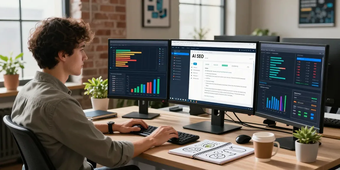 Data analyst optimizing AI SEO tools in a modern tech workspace with multiple monitors.