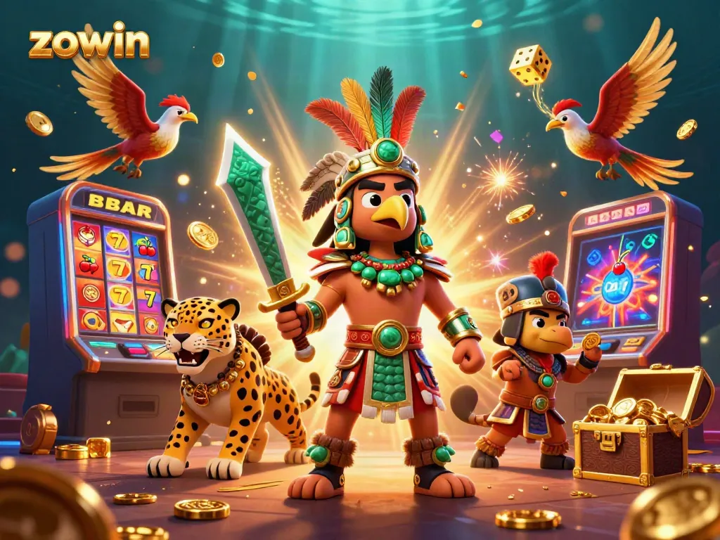 Zowin slot machine adventure with Aztec warrior characters exploding with coins and light, featuring vibrant casino elements.