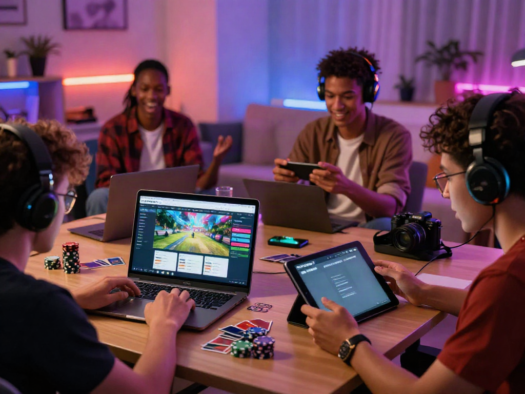 Exciting DEBET online gaming experience with friends using various devices in a cozy living room.