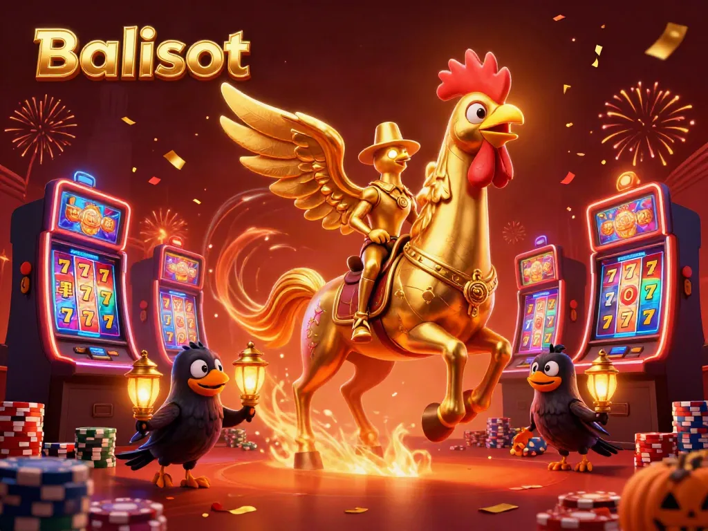 Engaging Balislot casino scene showcasing a golden rooster in a vibrant gaming atmosphere with slot machines and poker chips.