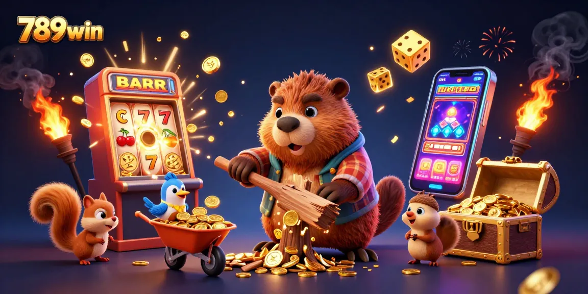 Spin and win with 789win as beaver collects gold coins in a vibrant casino scene.