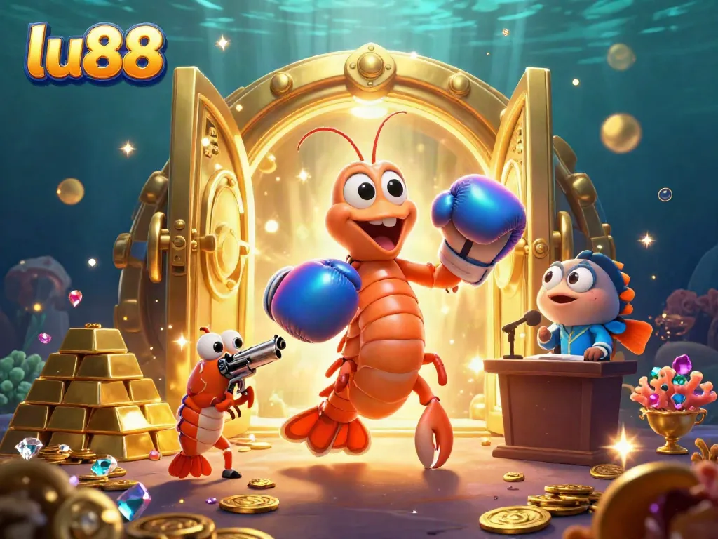 Experience thrilling slots action with LU88's dynamic cartoon shrimp characters amid gold treasures.