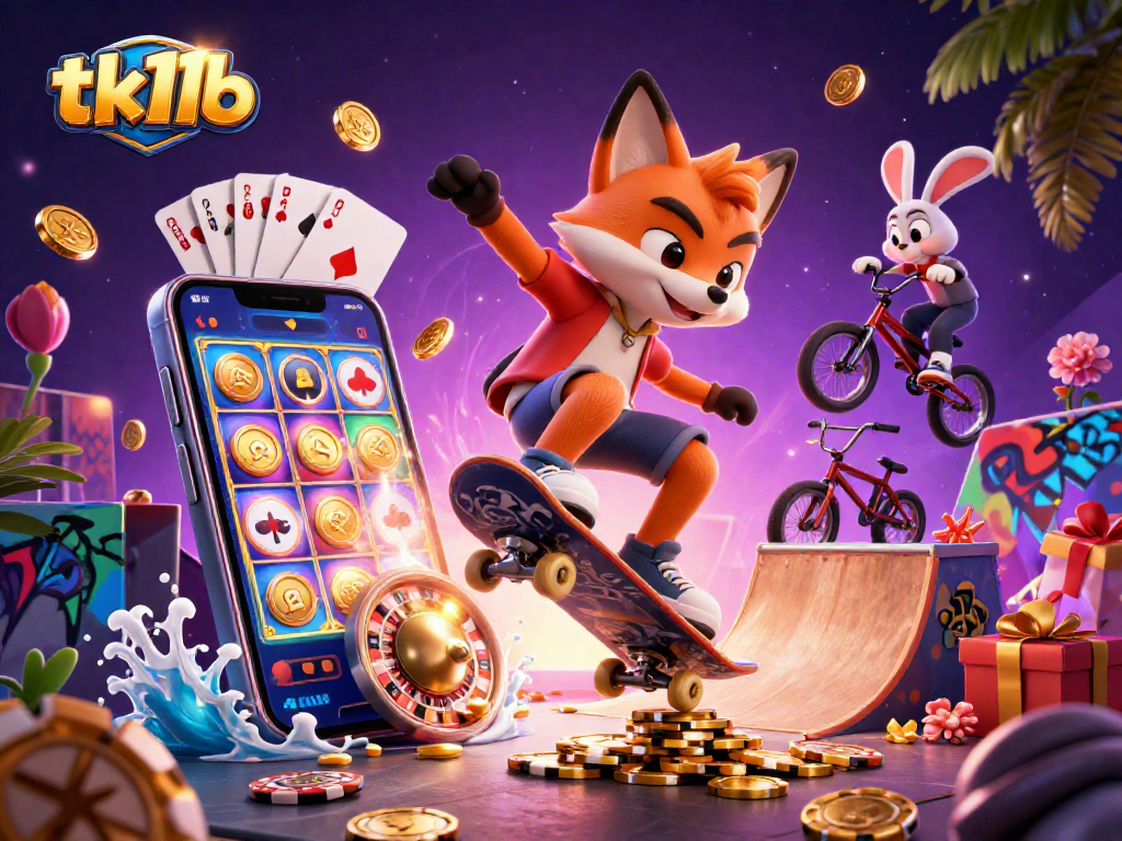 Engage with exciting casino adventures at tk11b, showcased by animated characters and vibrant game elements.