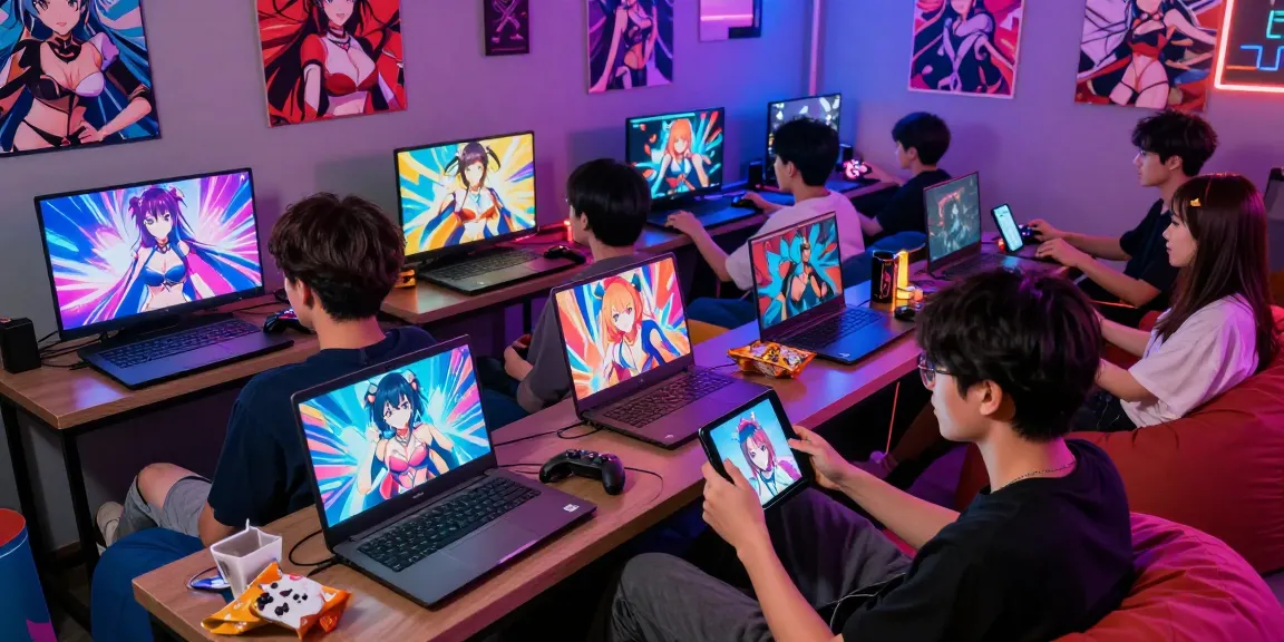 Friends enjoying ecchi games together in a vibrant gaming lounge, showcasing interactive and colorful visuals.