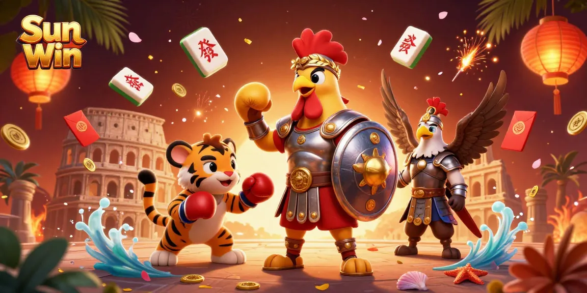 Play Sun Win at a vibrant online casino scene featuring a gladiator rooster and festive game decor.
