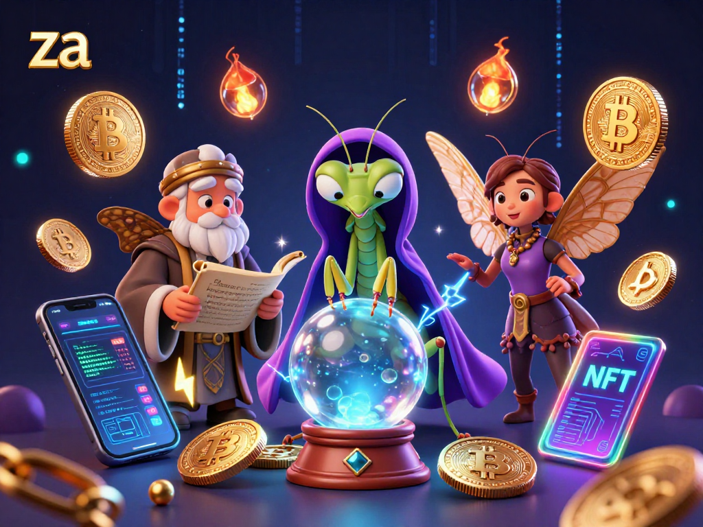 Bet big with za in a vibrant casino scene featuring fortune teller, moth librarian, and crypto coins.
