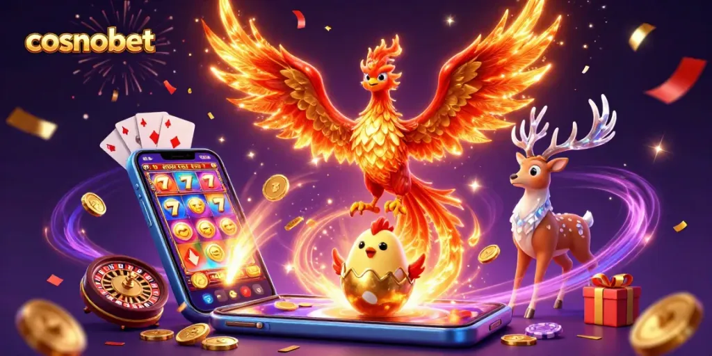 Engage with cosmobet’s vibrant games, featuring a phoenix in a dynamic casino scene.