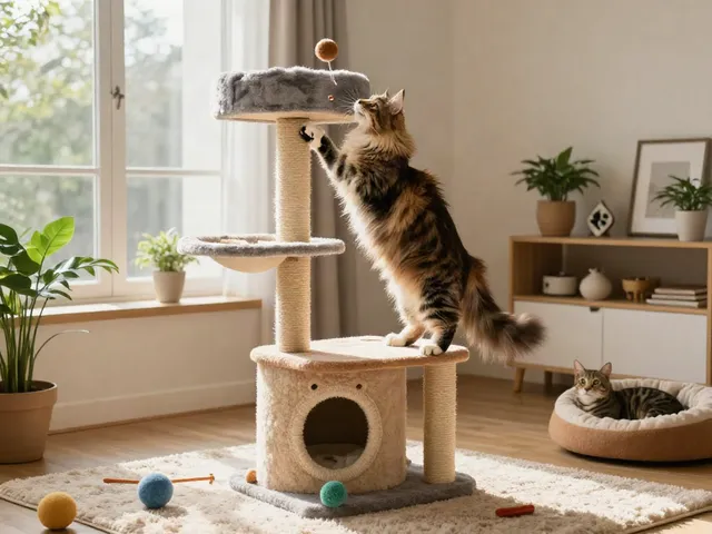 Playful cat on a stylish cat cat tree with scratching posts in a sunny living room.