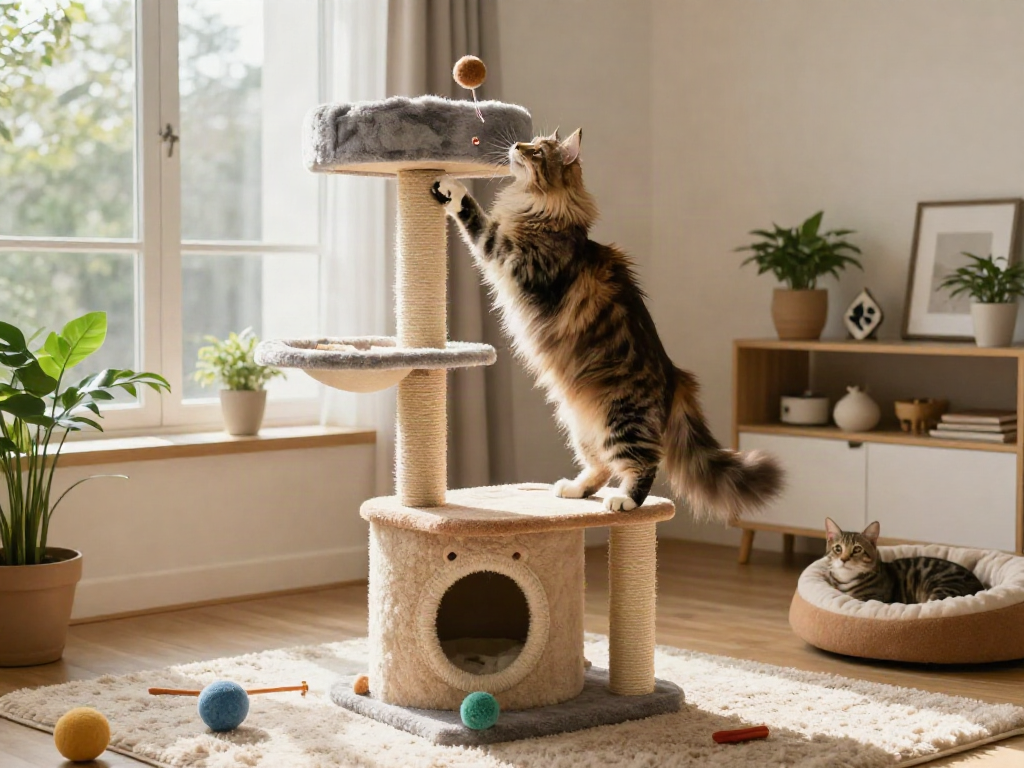 Playful cat on a stylish cat cat tree with scratching posts in a sunny living room.