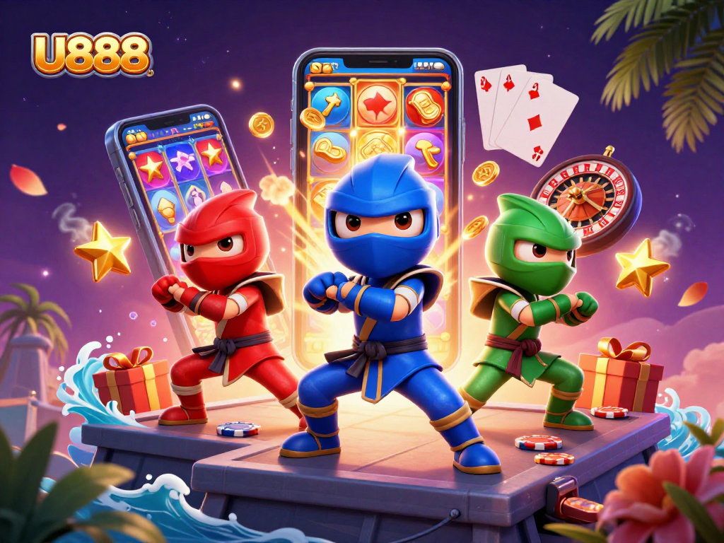 U888 chameleon ninjas showcasing exciting slot game dynamics with colorful coins and cards.