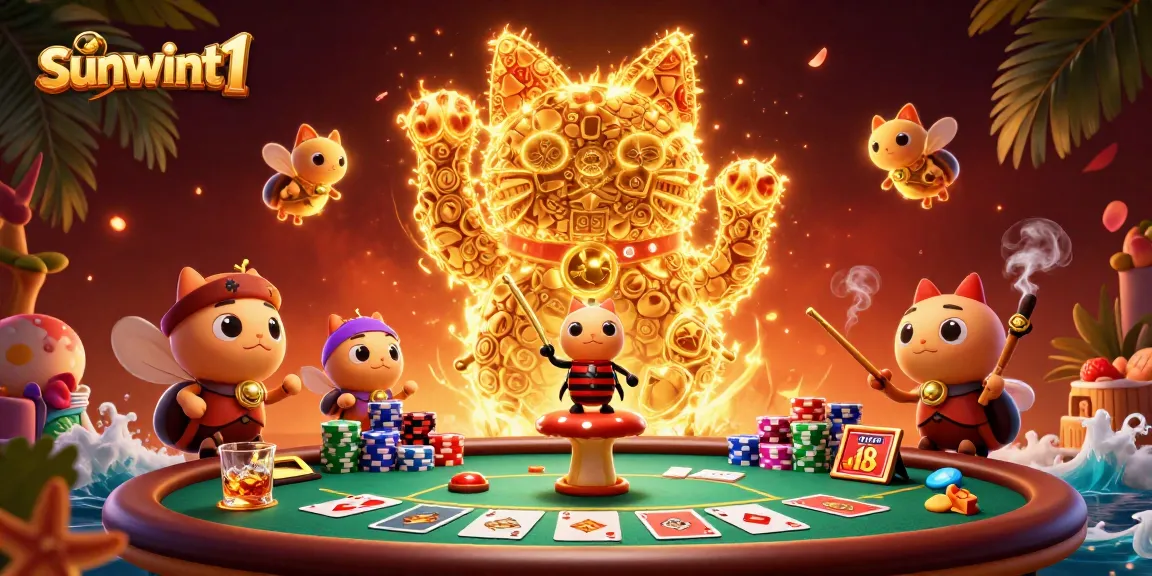 Experience exciting gameplay with the lucky cat in a vibrant sunwint1 casino setting, showcasing rich poker elements.