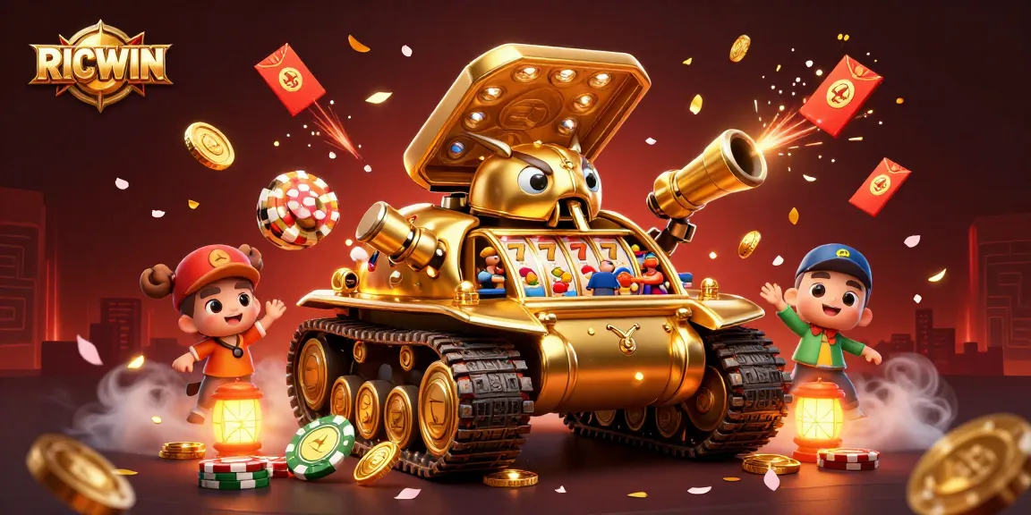 Experience thrilling slots at RICWIN with vibrant visuals of a golden casino tank and celebratory effects.